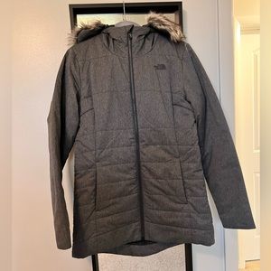 Women's size medium North Face parka grey with faux fur removable hood